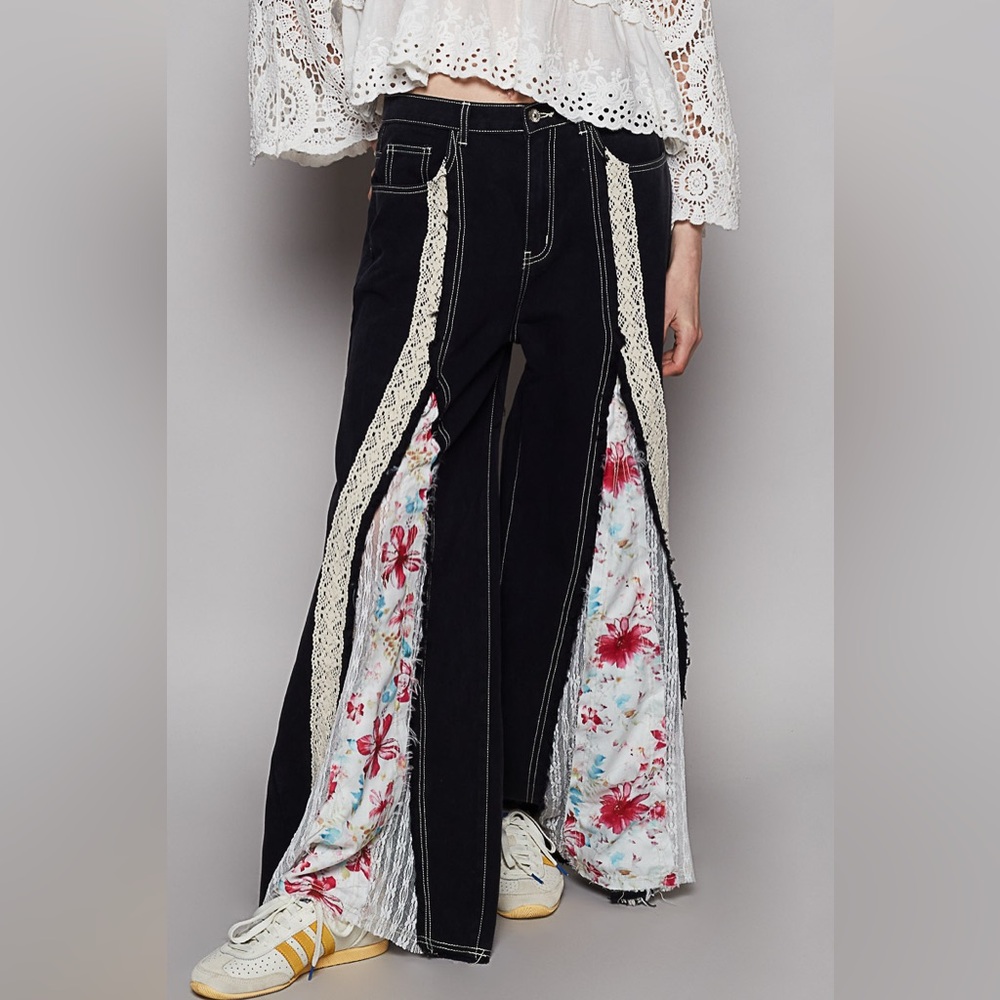 399B. Wide-Leg Denim Trimmed Pants